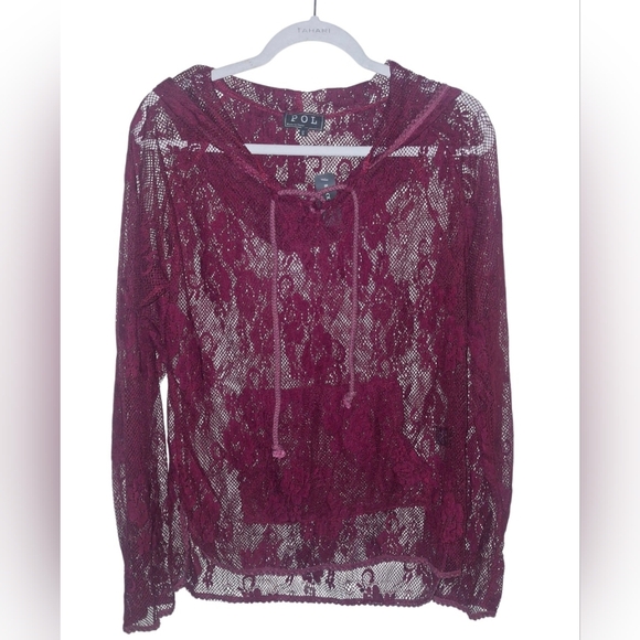 POL Tops - NWT POL Allover Lace Hooded Burgandy Top Size Small